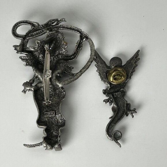 Vintage Pewter JJ Jonette Set of 2 Pins Brooch Mythical Dragon Snake Woman - Picture 2 of 11